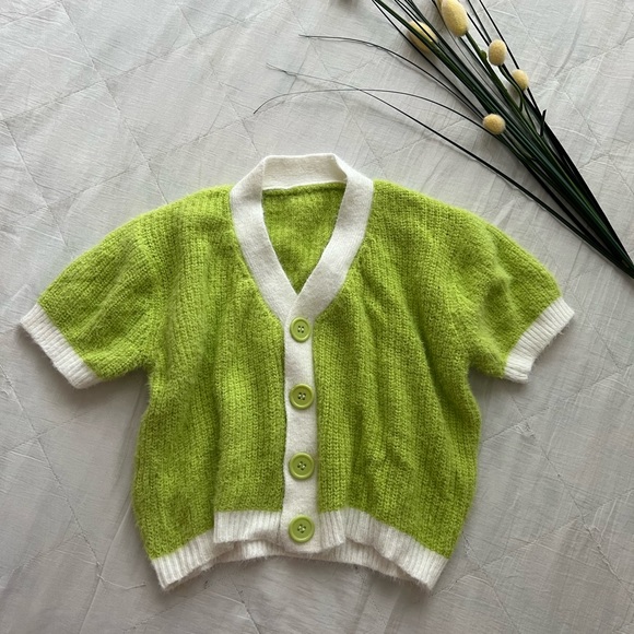 Fluffy Cropped Cardigan Lime Green - Picture 3 of 5